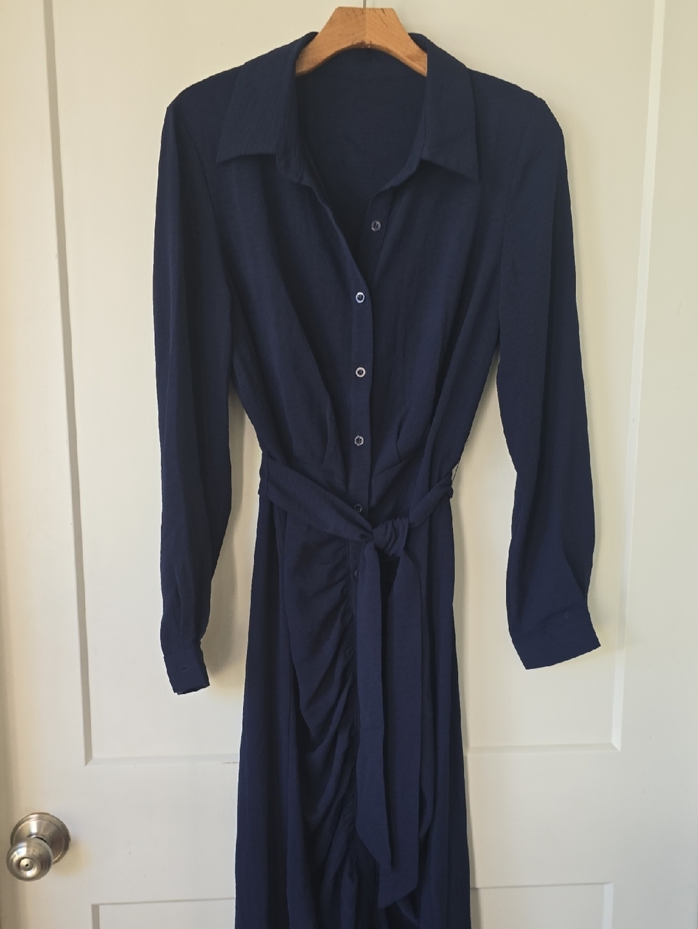 Navy Button-Front Shirt Dress with Waist Tie